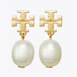 TORY BURCH GOLD LOGO KIRA PEARL DROP EARRINGS